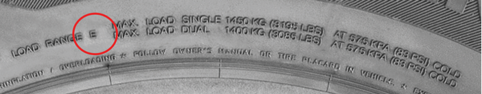 Load range, max load and pressure specifications for the example tire shown in Figure 3